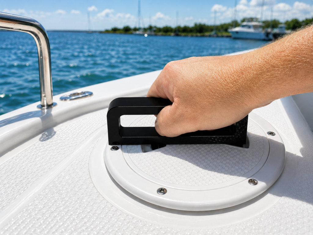 PortGrip handle opening a marine access port on a boat