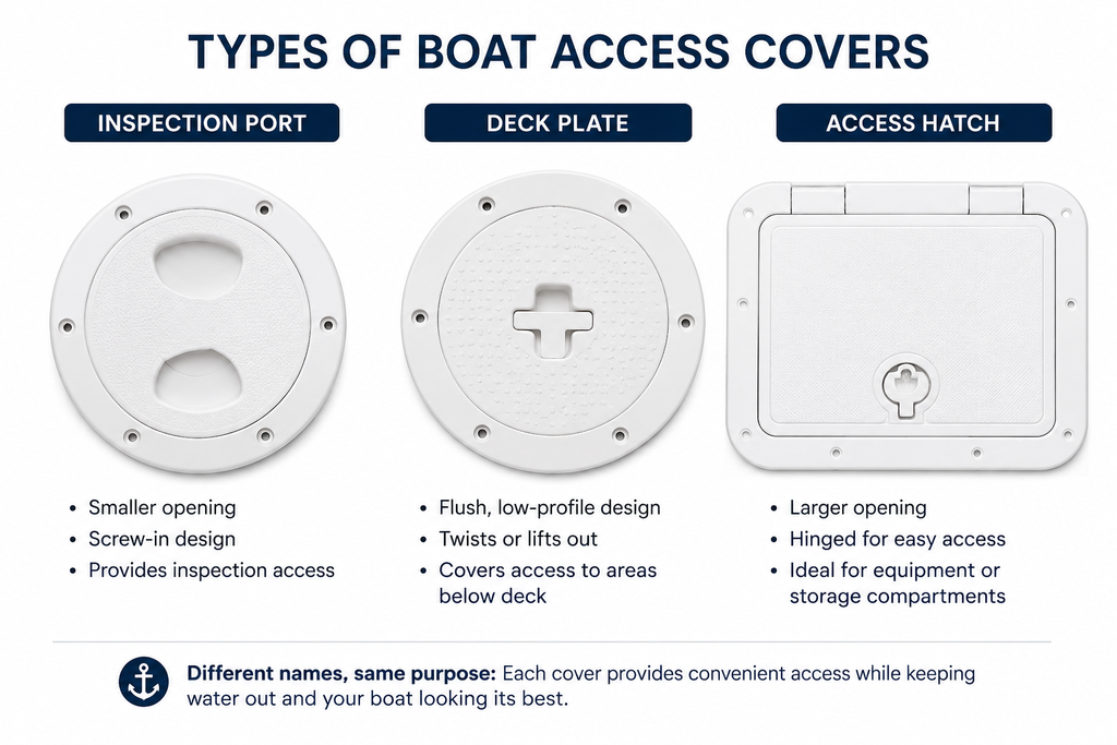 Boat inspection port, deck plate and access hatch examples